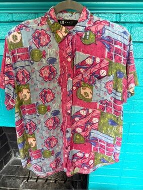 90’s Button down Shirt and Bermuda Shorts - Pink Multi color